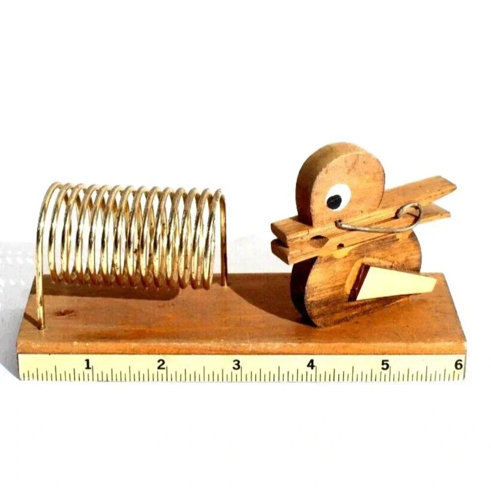 VINTAGE Wooden 6" Duck Clothespin Spring Mail Pen Holder Metal Wire Coil DESK